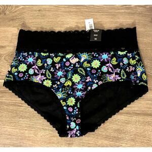 Torrid Cotton Mid Rise Brief Lace Trim Panty Blacklight Paisley Rich Black Sz 00